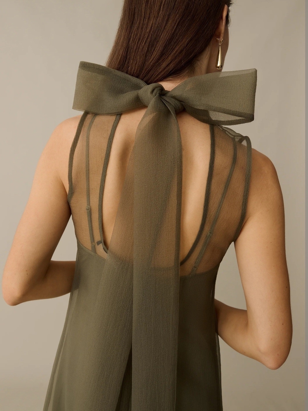 Olive Green Maxi Dress with Sheer Neckline - Picture 5 of 10